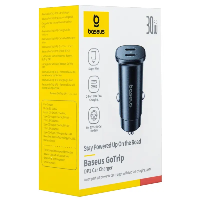 Переходник автомобильного зарядного устройства на 2 Type-C 30W C00072300123-01 Baseus черный