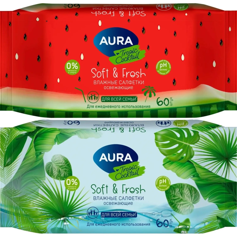 Салфетки влажные освежающие AURA TROPIC COCKTAIL в ассортименте 60шт