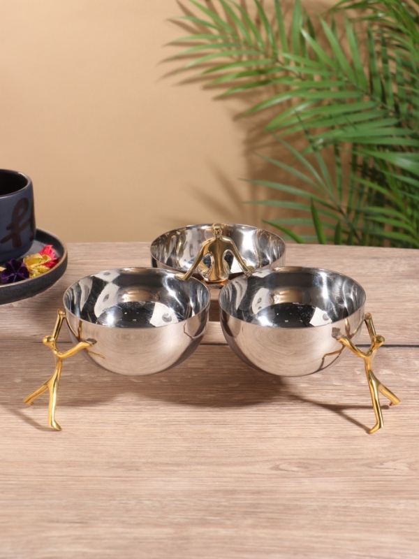 Менажница "Единство" 3 чаши, 27х27х14 см, нержавеющая сталь, латунь