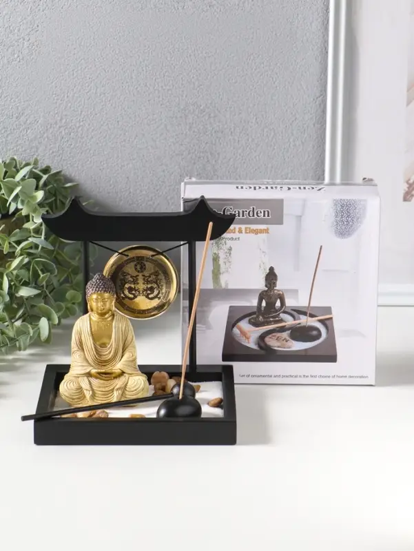 Сад Дзен "Будда в кремовом у гонга" песок+камни+аромапалочки 13,2х15х16 см