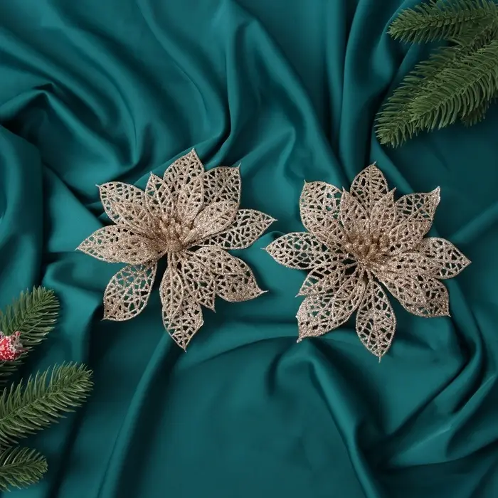 Набор ёлочных игрушек 2 шт. «Зимнее волшебство. Цветы сетка блеск» пластик, на зажимах, 13х13 см, золото