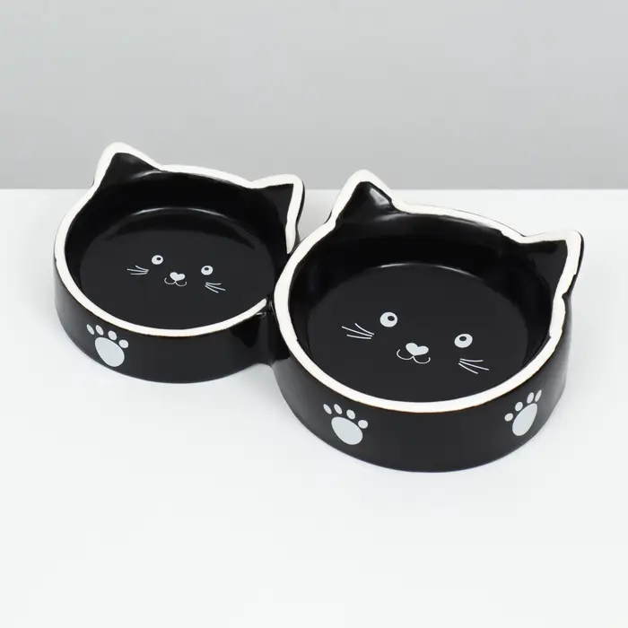 Миска для кошек Пижон &laquo;Кошачье семейство&raquo; 40/60 мл, 19&times;10.5&times;3.5 см, двойная, керамика, чёрная, белая