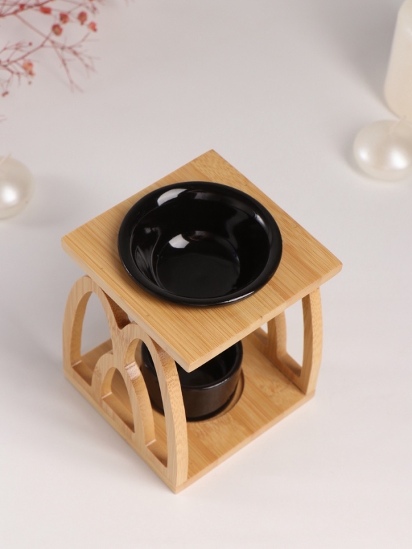 Аромалампа бамбук, керамика с подставкой под свечу Аромалампа бамбук, керамика с подставкой под свечу "Узоры" чёрная 9,5х9,5х13,5 см