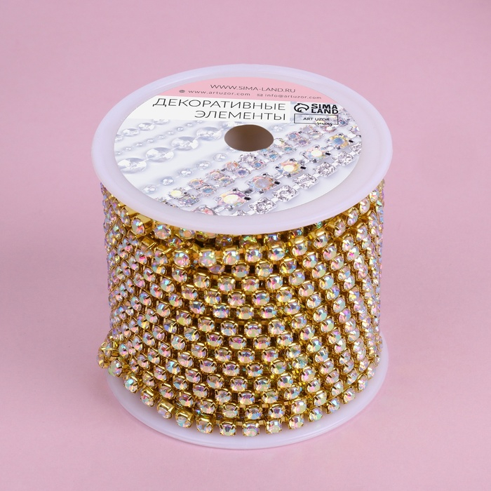Цепь со стразами, с голографией, металл, стекло, 3,5 мм, 9 ± 1 м, цвет золотой Цепь со стразами, с голографией, металл, стекло, 3,5 мм, 9 ± 1 м, цвет золотой