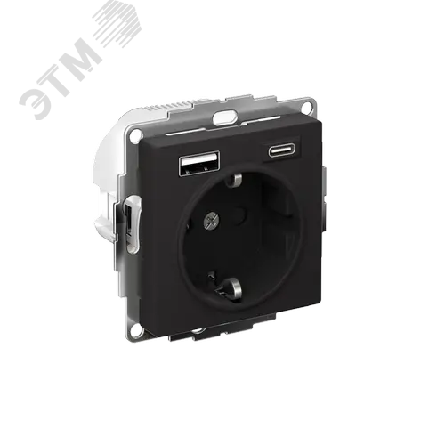 РОЗЕТКА 16А c 2 USB A+С, мех, КАРБОН