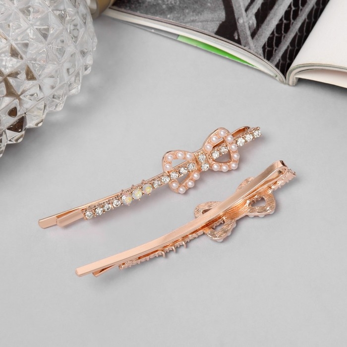 Невидимка для волос  Невидимка для волос "Глория" (набор 2 шт) бант, 6 см, розовое золото