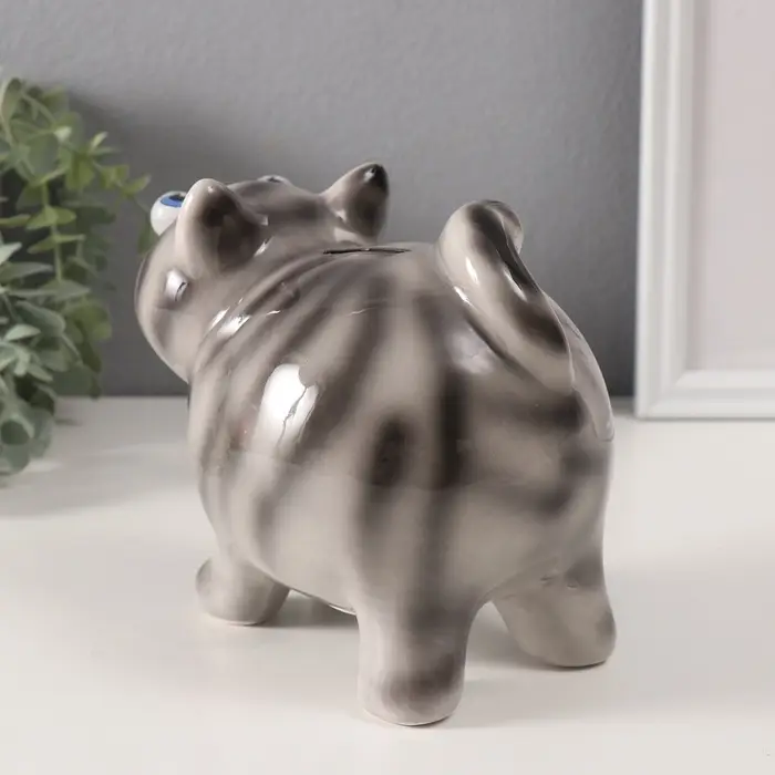 Копилка для денег &laquo;Котик-пучеглаз серый полосатый&raquo;, керамика, 11&times;15.2&times;13.4 см