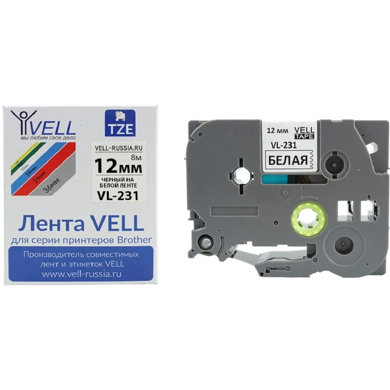 Картридж Vell VL-231 (TZe-231 Brother, 12 мм, чер на белом) для PT {Vell231