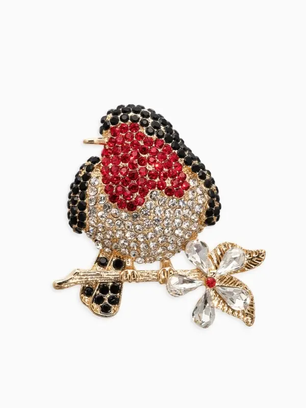 Брошь "Снегирь" в стразах, цвет чёрно-красный в золоте