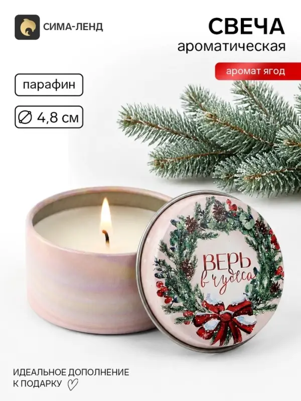Свеча ароматическая, в железной банке &laquo;Верь в чудеса&raquo;, ягоды, d=4.8 см
