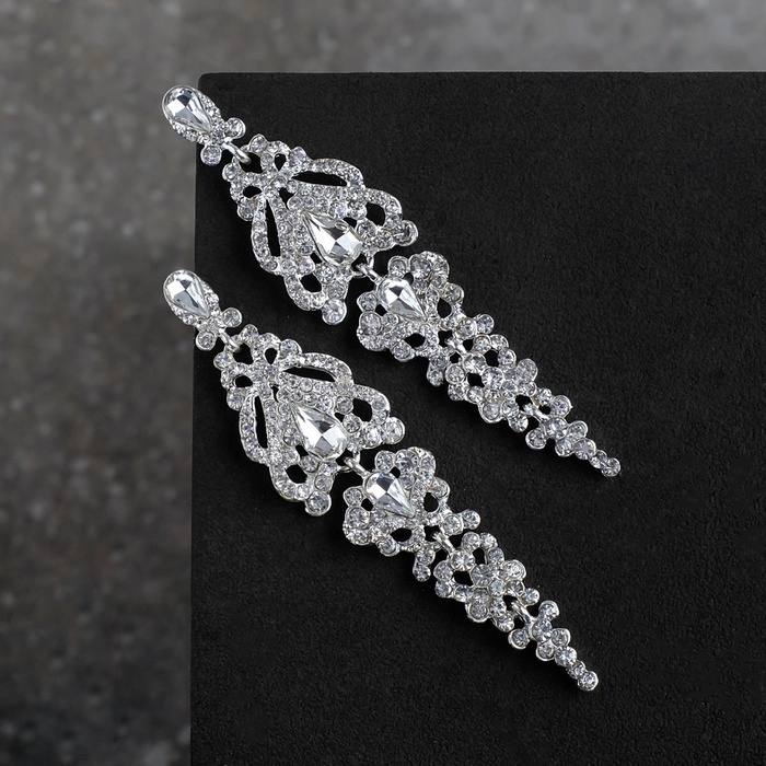 Серьги висячие со стразами «Ажур» лёд, цвет белый в серебре, 8,3 см Серьги висячие со стразами «Ажур» лёд, цвет белый в серебре, 8,3 см