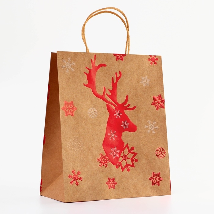 Пакет крафт с тиснением, круглая ручка, Пакет крафт с тиснением, круглая ручка, "Олень" 33 х 25 х 12 см, 120 г