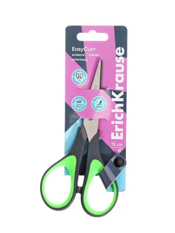 Ножницы ErichKrause Standard+, 15 см, антискользящие резиновые вставки, улучшенная заточка, блистер, МИКС