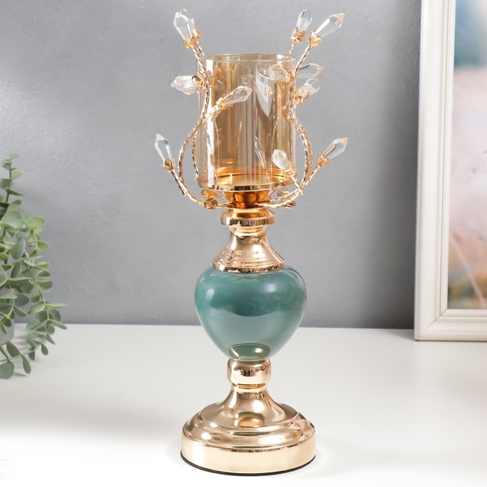 Подсвечник металл на 1 свечу Подсвечник металл на 1 свечу "Веточки с кристаллами. Сине-зелёный шар" золото 34х17х17 см