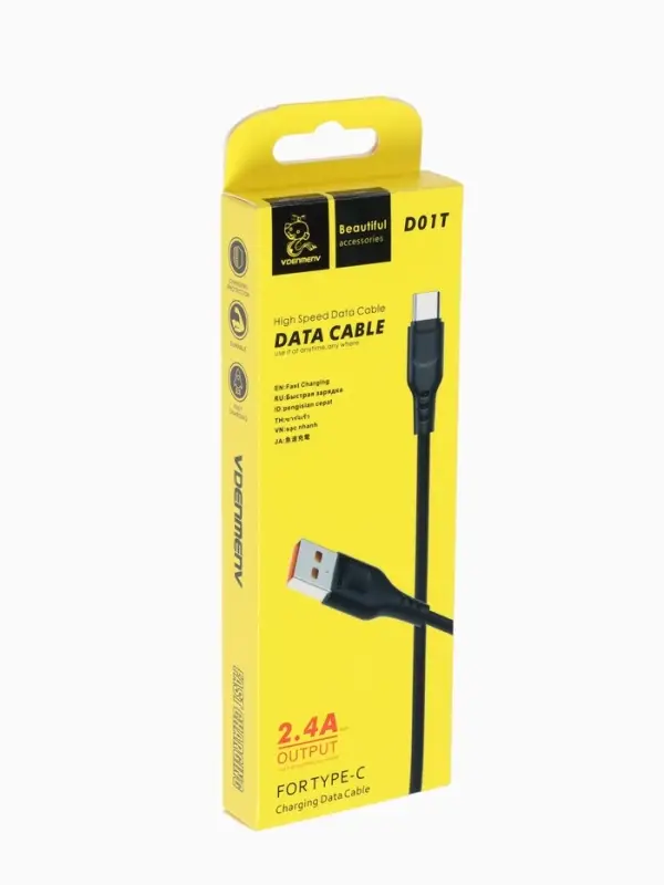 Кабель D-01T, Type-C - USB, 1 м, 2.4 A, зарядка + передача данных, чёрный