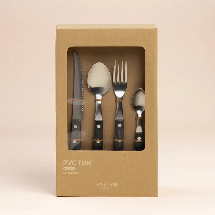 Набор столовых приборов SL Home, 24 предмета, нержавеющая сталь, серебристый, ручки коричневый