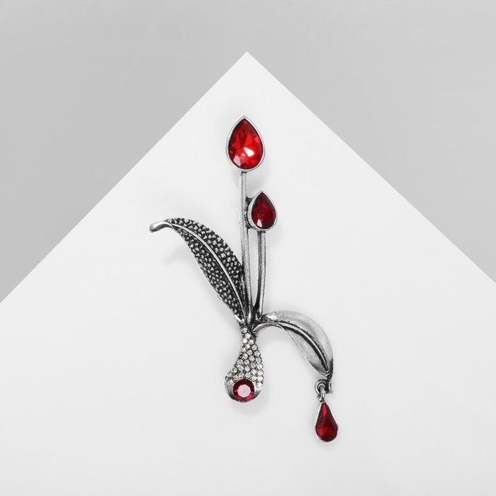 Брошь «Листва» с росой, цвет красно-белый в чернёном серебре Брошь «Листва» с росой, цвет красно-белый в чернёном серебре