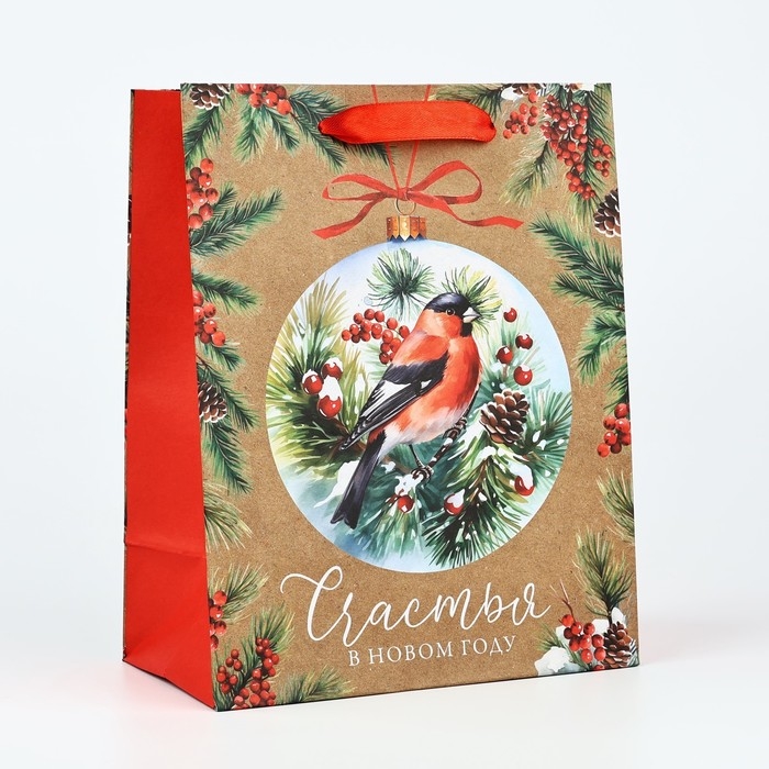 Пакет подарочный новогодний крафтовый вертикальный «Счастья в Новом году», снегирь, MS 18 х 23 х 10 см, Новый год Пакет подарочный новогодний крафтовый вертикальный «Счастья в Новом году», снегирь, MS 18 х 23 х 10 см, Новый год