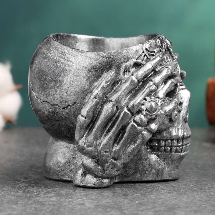 Фигурное кашпо "Череп" 9х9х8см, серебро