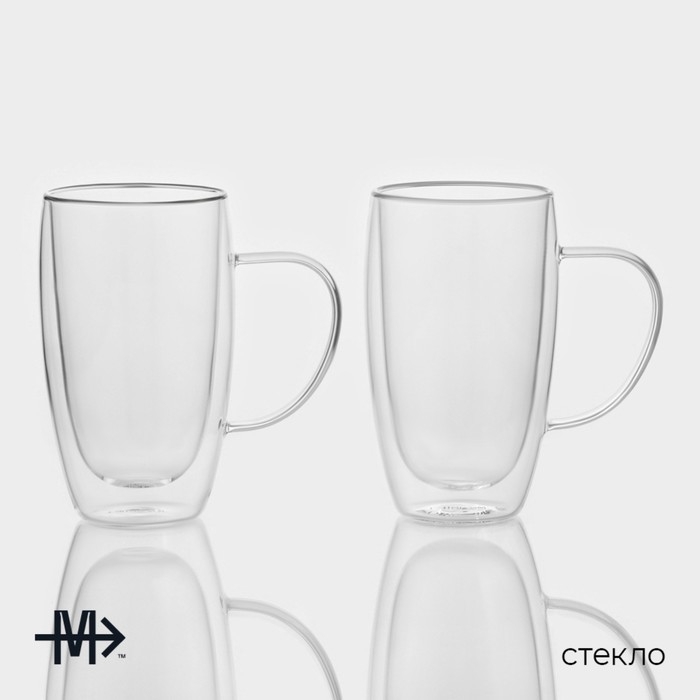 Набор стеклянных кружек с двойными стенками Magistro «Дуо», 450 мл, 13×9×14,8 см, 2 шт Набор стеклянных кружек с двойными стенками Magistro «Дуо», 450 мл, 13×9×14,8 см, 2 шт