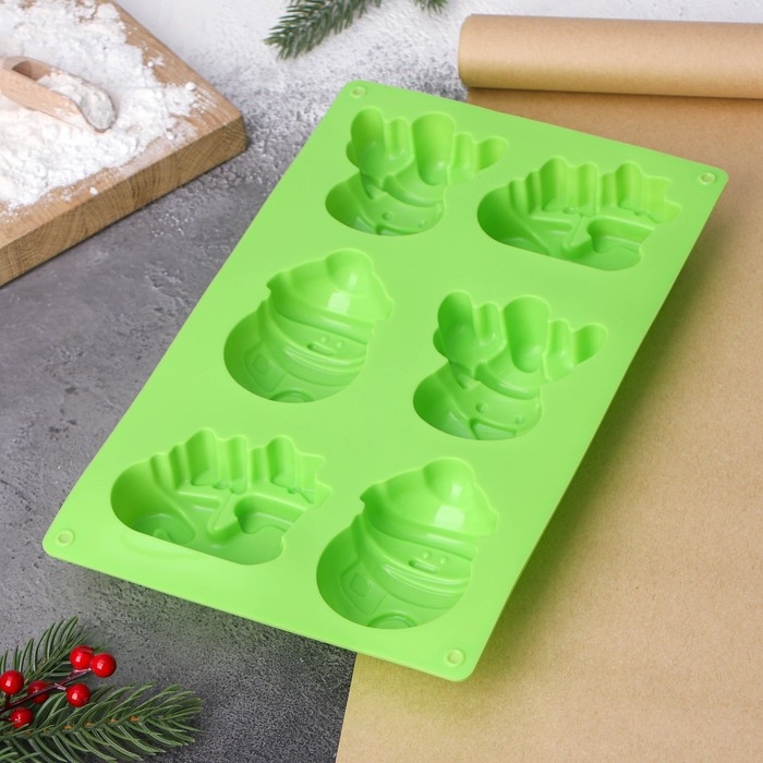 Форма для выпечки новогодняя Доляна «Новый год», силикон, 27×17×3 см, 6 ячеек (8×7×3 см), цвет зелёный Форма для выпечки новогодняя Доляна «Новый год», силикон, 27×17×3 см, 6 ячеек (8×7×3 см), цвет зелёный