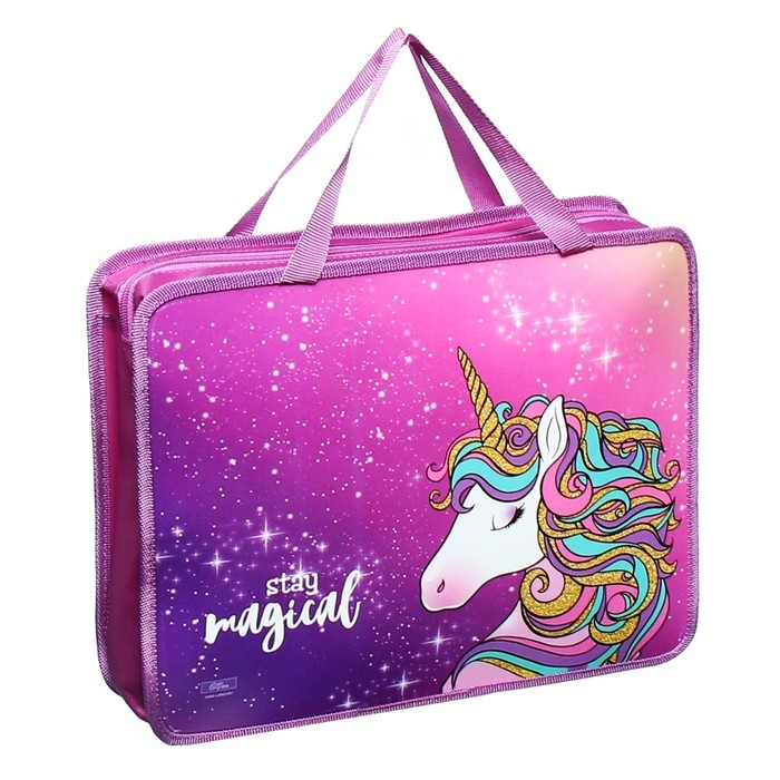 Папка с ручками А4, 330 х 260 х 75 мм, пластиковая, ручки-тесьма, Calligrata Папка с ручками А4, 330 х 260 х 75 мм, пластиковая, ручки-тесьма, Calligrata "Единорог!"