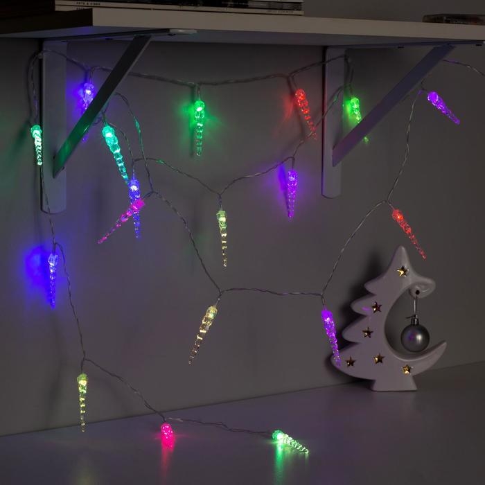 Гирлянда &laquo;Нить&raquo; 3 м с насадками &laquo;Сосульки 7.5 см&raquo;, IP20, прозрачная нить, 20 LED, батарейки AAх3 (нет в комплекте), свечение мульти