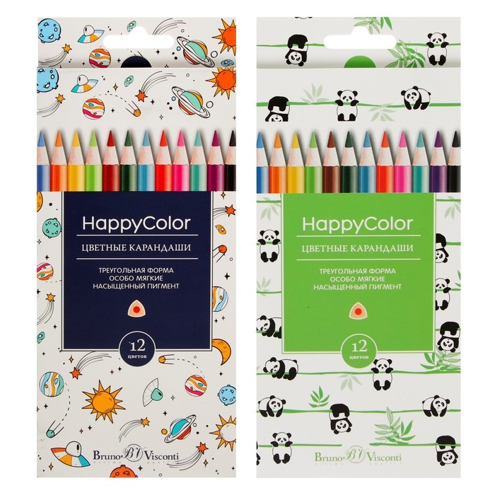Карандаши 12 цветов BrunoVisconti Happycolor, трёхгранные, МИКС Карандаши 12 цветов BrunoVisconti Happycolor, трёхгранные, МИКС