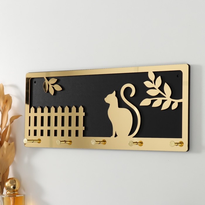 Крючки декоративные дерево Крючки декоративные дерево "Кошка у забора" чёрный, зеркальный 3,1х34х14,4 см