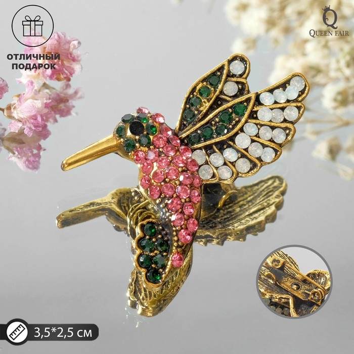 Брошь «Птичка» колибри, цвет малиново-зелёный в чернёном золоте Брошь «Птичка» колибри, цвет малиново-зелёный в чернёном золоте