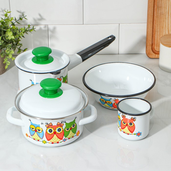 Набор посуды &laquo;Совушки&raquo;, 4 предмета: кружка 250 мл, миска 800 мл, ковш 1 л, кастрюля 1 л, индукция