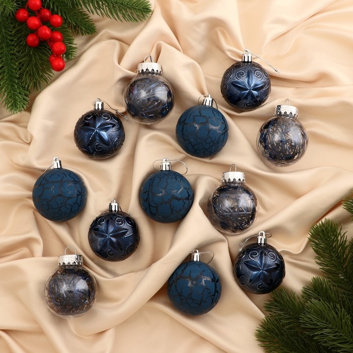 Набор шаров пластик d-6 см, 12 шт Набор шаров пластик d-6 см, 12 шт "Зимняя музыка" узор, синий