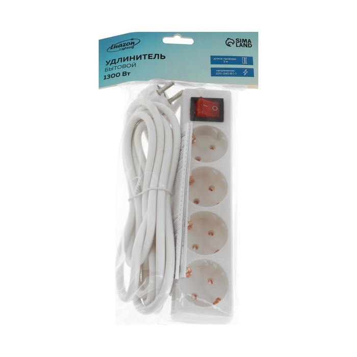Удлинитель Luazon Lighting, 4 розетки, 3м, 6А,1300 Вт, ПВС 3х0.75 мм2, с з/к, с выкл., Б Удлинитель Luazon Lighting, 4 розетки, 3м, 6А,1300 Вт, ПВС 3х0.75 мм2, с з/к, с выкл., Б