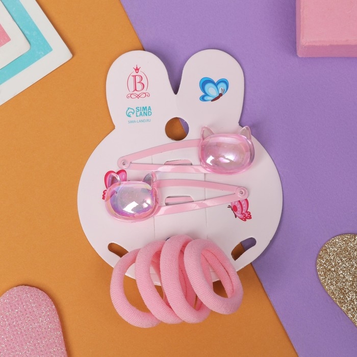 Набор для волос Набор для волос "Розовое чудо" (2 невидимки 5 см, 4 резинки) киска, розовый