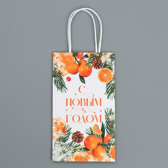 Пакет подарочный новогодний крафтовый «Новогодний цитрус», 12 х 21 х 9 см, Новый год Пакет подарочный новогодний крафтовый «Новогодний цитрус», 12 х 21 х 9 см, Новый год