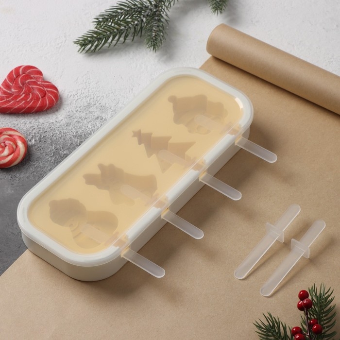 Форма для мороженого с крышкой новогодняя Доляна «Новый год», силикон, 24×10×3 см, 4 ячейки, с палочками, цвет жёлтый Форма для мороженого с крышкой новогодняя Доляна «Новый год», силикон, 24×10×3 см, 4 ячейки, с палочками, цвет жёлтый