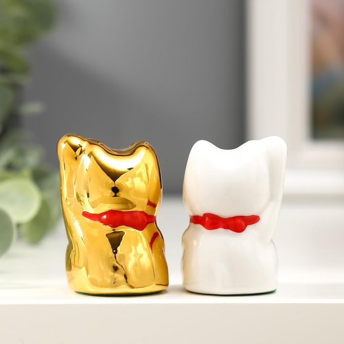 Сувенир керамика Сувенир керамика "Кот Манэки-нэко белый и золотой" набор 2 шт 5х3,3х3 см