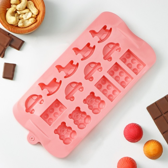 Форма для конфет и шоколада Доляна «Детские игрушки», силикон, 21×11 см, 15 ячеек (3,5×2 см), цвет МИКС Форма для конфет и шоколада Доляна «Детские игрушки», силикон, 21×11 см, 15 ячеек (3,5×2 см), цвет МИКС