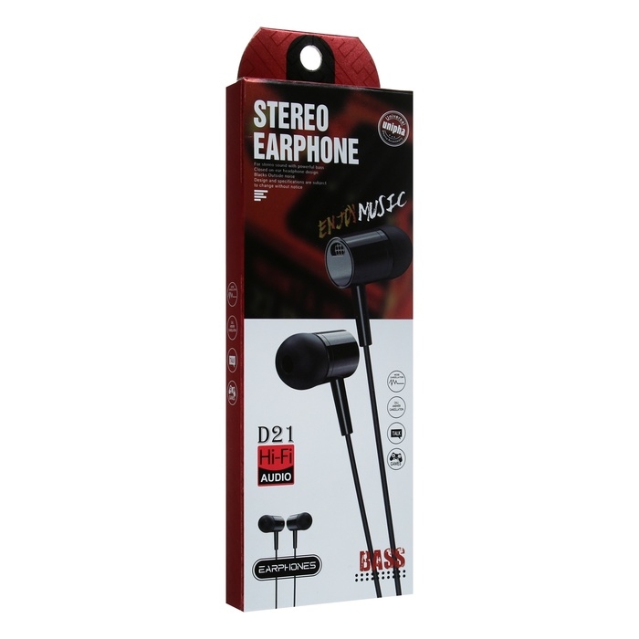 Наушники D21, проводные, вакуумные, микрофон, 1 м, Jack 3.5 мм, черные Наушники D21, проводные, вакуумные, микрофон, 1 м, Jack 3.5 мм, черные