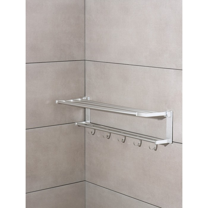 Полка откидная с держателем полотенец, 5 двигающихся крючков, 59,5×20,5×15 см, алюминий Полка откидная с держателем полотенец, 5 двигающихся крючков, 59,5×20,5×15 см, алюминий