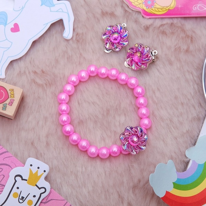 Набор детский 2 предмета: браслет, клипсы, цветок перламутровый, цвета МИКС Набор детский 2 предмета: браслет, клипсы, цветок перламутровый, цвета МИКС