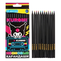 Карандаши цветные 12 цветов Kuromi, неоновые, корпус деревянный, круглый