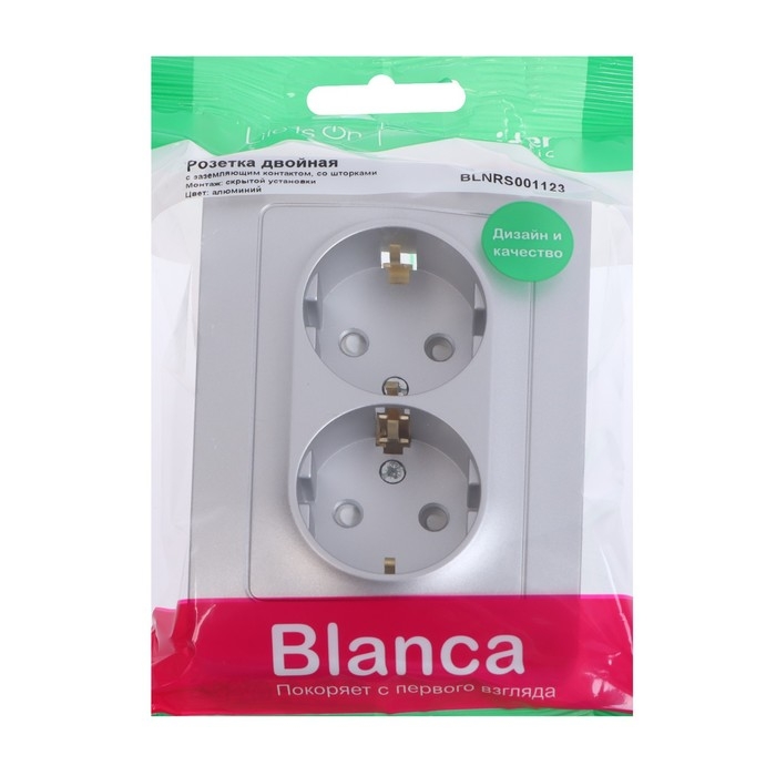 Розетка двойная SE Blanca, 16 А, 250В, встраиваемая, с з/к, шторки, IP20, алюм., BLNRS001123