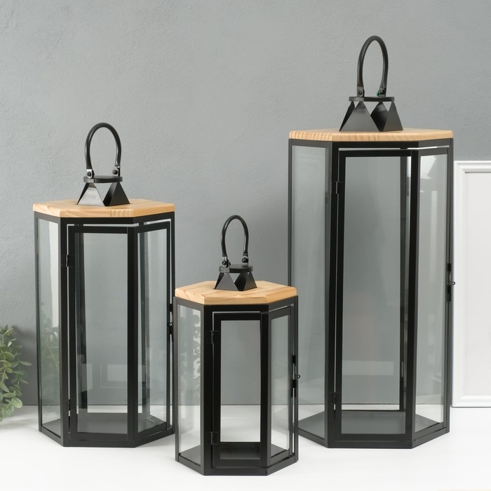 Подсвечник металл, дерево, фонарь Подсвечник металл, дерево, фонарь"Шесть граней" набор 3 шт 22,5х19,5х43,5; 18,5х16х31 см