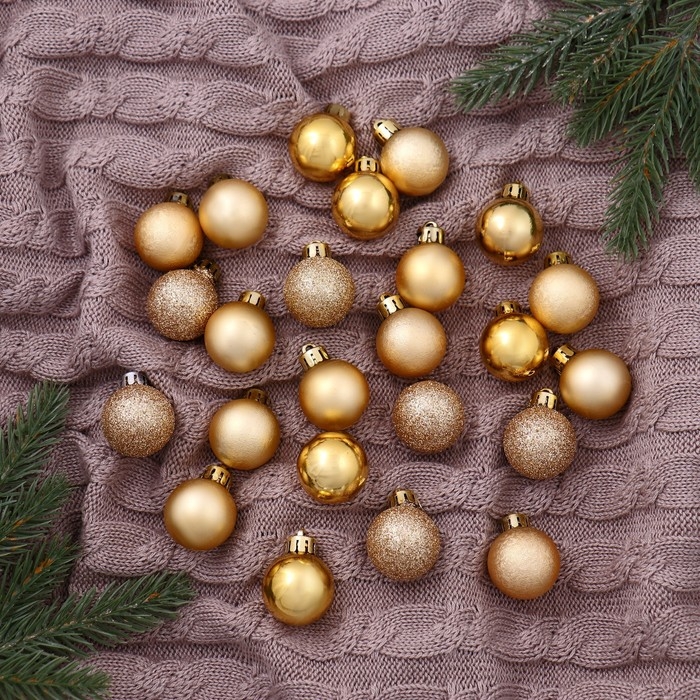 Ёлочные игрушки, шары новогодние , пластик, набор d-3 см, 24 шт "Классика блеск ассорти" золото