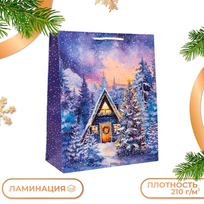 Новый год. Пакет подарочный Новый год. Пакет подарочный "Изба в лесу", 26 х 32 х 12 см.