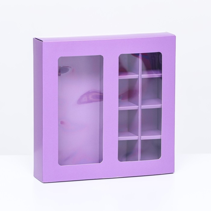 Коробка для 8 конфет + шоколад, с окном, сиреневая, 17,7 х 17,7 х 3,8 см. Кондитерская упаковка Коробка для 8 конфет + шоколад, с окном, сиреневая, 17,7 х 17,7 х 3,8 см. Кондитерская упаковка