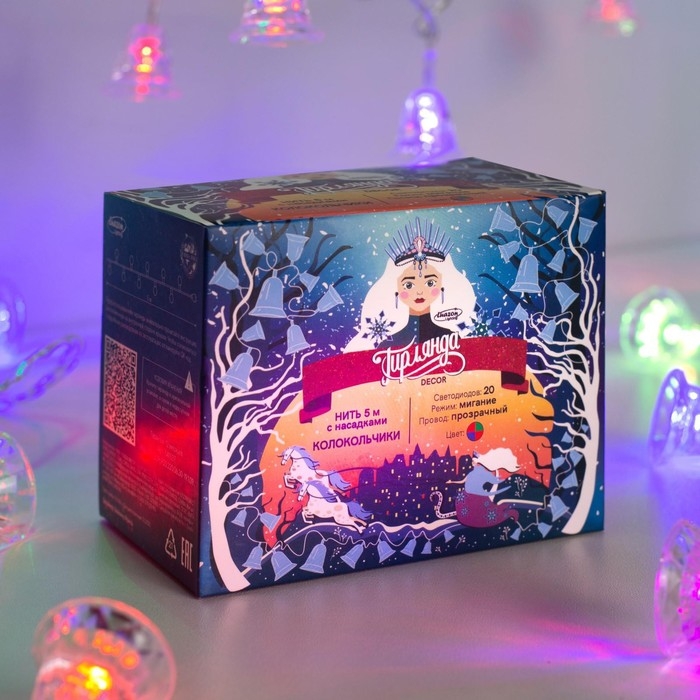 Гирлянда «Нить» 5 м с насадками «Колокольчики», IP20, прозрачная нить, 20 LED, свечение мульти (RG/RB), мигание, 220 В Гирлянда «Нить» 5 м с насадками «Колокольчики», IP20, прозрачная нить, 20 LED, свечение мульти (RG/RB), мигание, 220 В