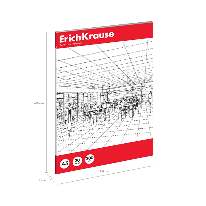 Бумага для черчения А3, 20 листов, блок 200 г/м², ErichKrause, без рамки, в папке Бумага для черчения А3, 20 листов, блок 200 г/м², ErichKrause, без рамки, в папке