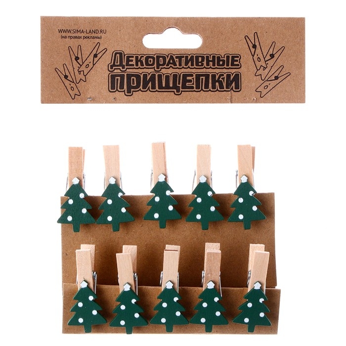 Новый год! Прищепки декоративные с верёвкой для подвеса &laquo;Ёлочки зелёные&raquo; набор 10 шт., 1,5 &times; 12 &times; 14 см
